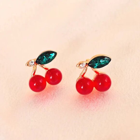 Cherry Rhinestone Earrings Fun Sylish Bomb Cherries Sexy Sparkle Glam Y2K Fruit - Picture 2 of 4
